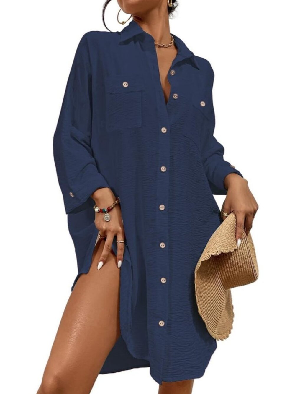 Women's Navy Blue Polyester Button Down Shirt Cover Up Beach Swimsuit Cover Up